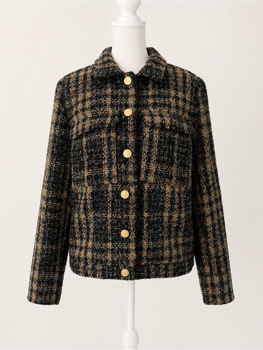 Womens Blue and Tan Plaid Button-Front Tweed Jacket - Small - Never Worn